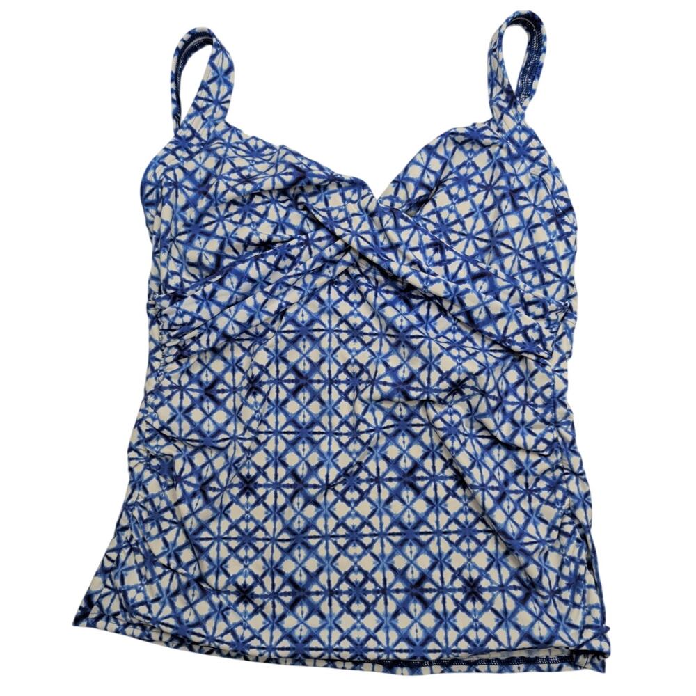 Lands' End Blue White Mosaic Tankini Size 8 Underwire Bra Cross Front Adj Strap